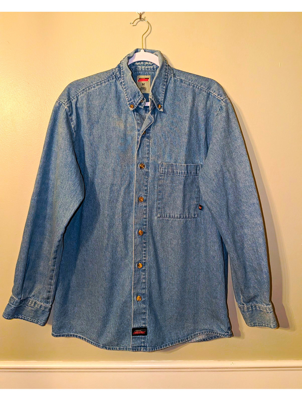 Genuine Dickies Medium Long Sleeve Denim Blue Work Shirt Men's Button Up